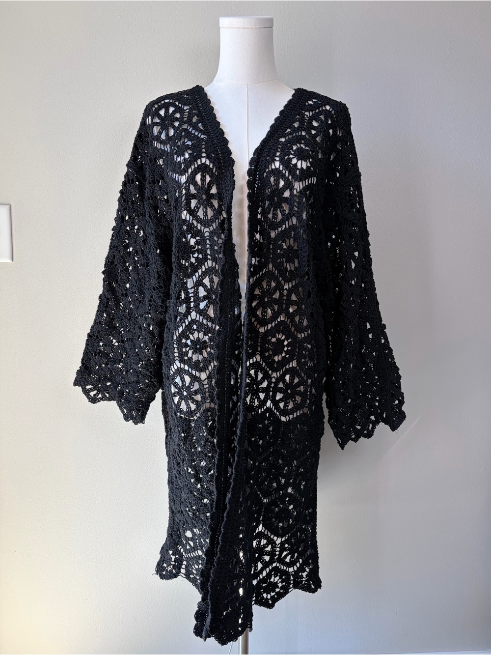World Market Mary Black Crochet Open Front Kimono Cardigan Boho Festival